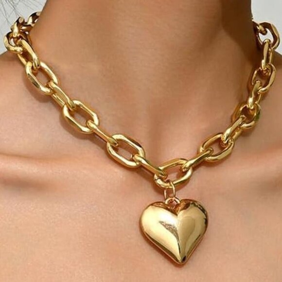 Jewelry - Chunky Heart Necklace Statement Necklace with Big Puffy Heart Gold Tone